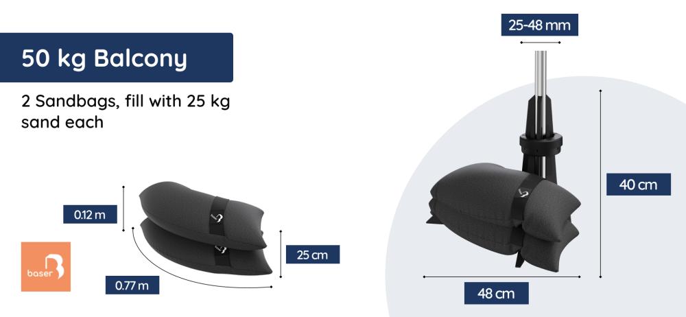 Measurements for Baser Balcony Umbrella Base – 50kg