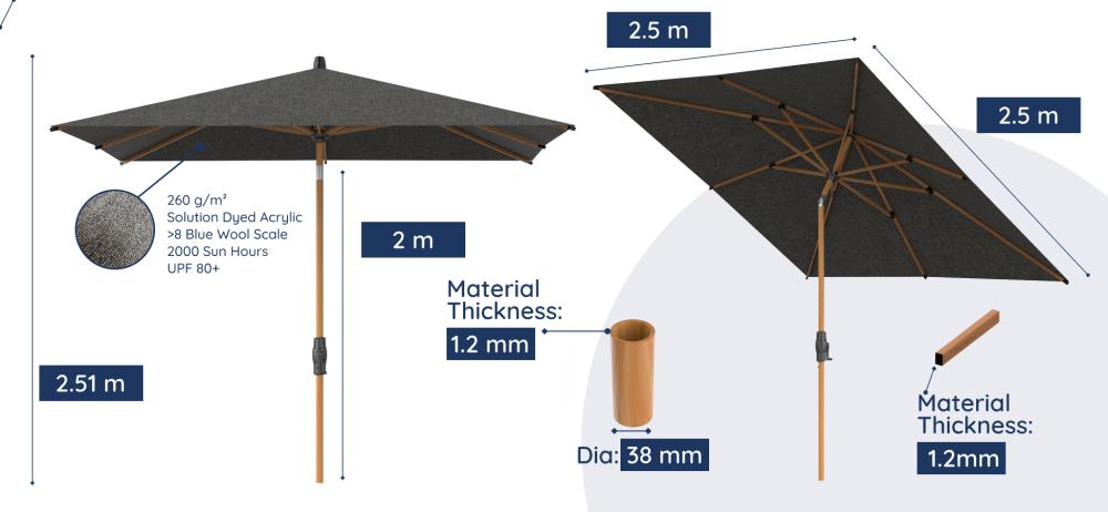 Baser Supreme Crank Outdoor Umbrella, Square 2.5x2.5 
           Metres Dimensions