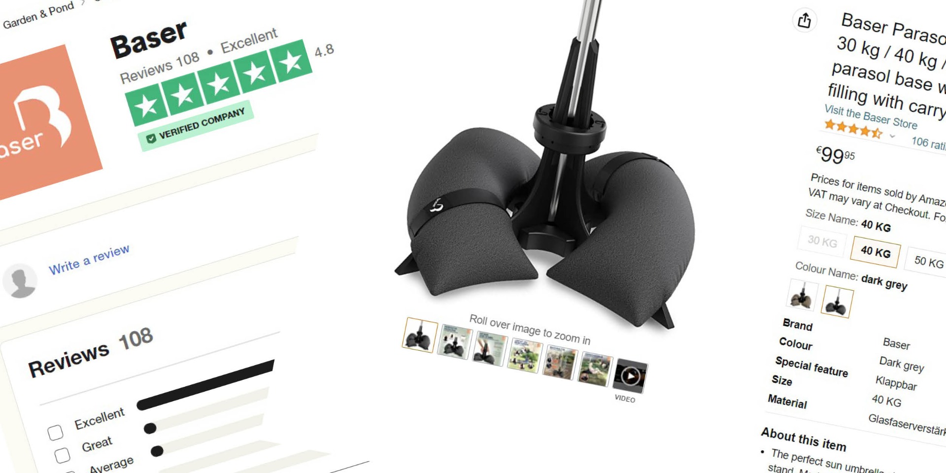 Customer reviews highlighting the best outdoor umbrella stand from Baser