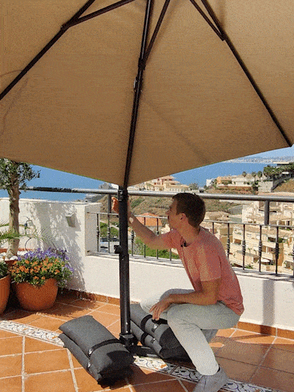 Cantilever outdoor umbrella features with 360-degree rotation and tilt functions